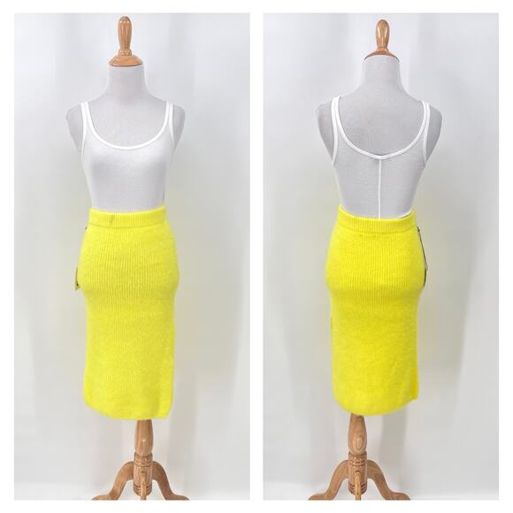 CALLAHAN Jada Midi Knit Pencil Skirt Womens Small Neon Yellow Sweater Fuzzy NEW - Picture 2 of 16